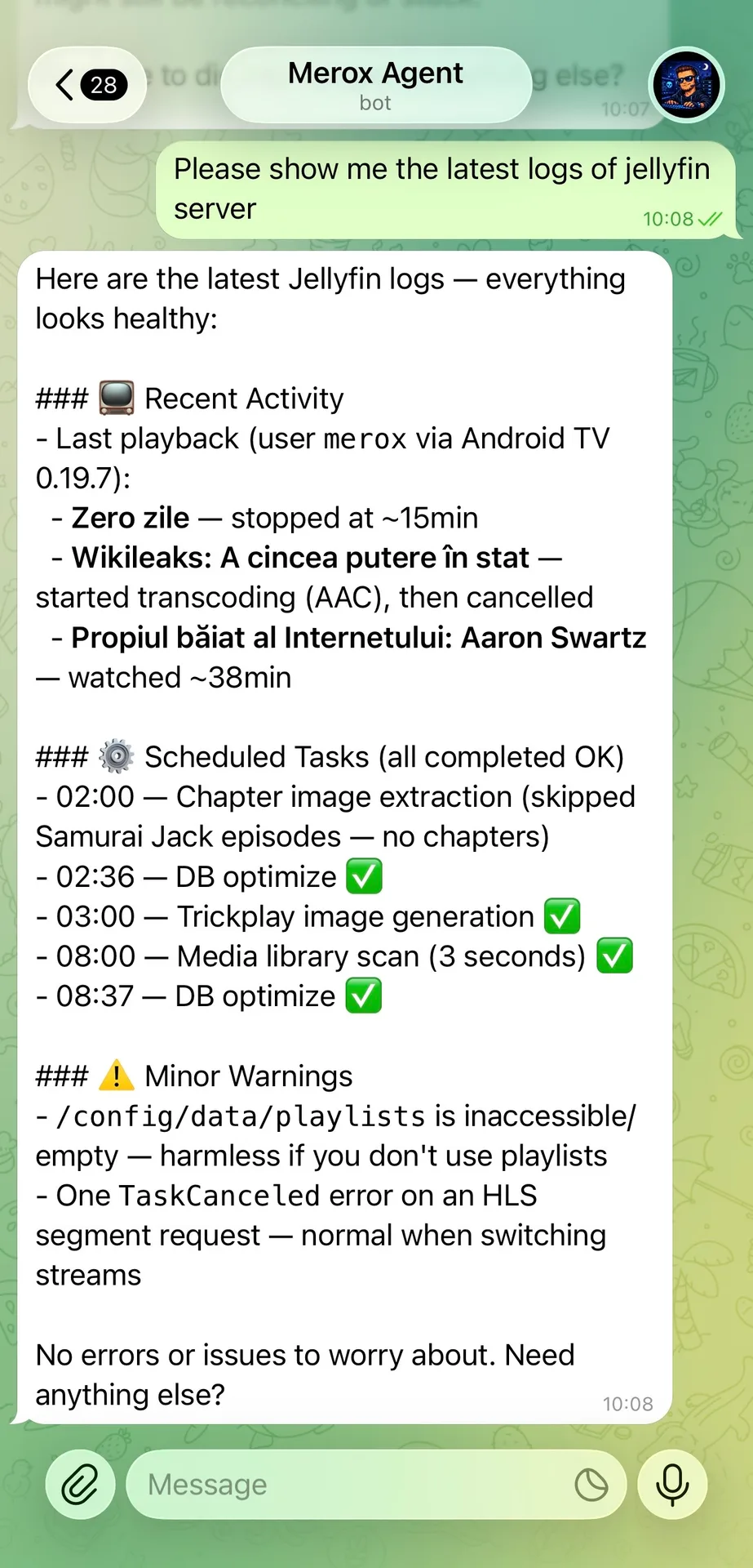 Jellyfin logs check from Telegram