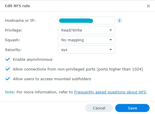NFS rule configuration on Synology NAS