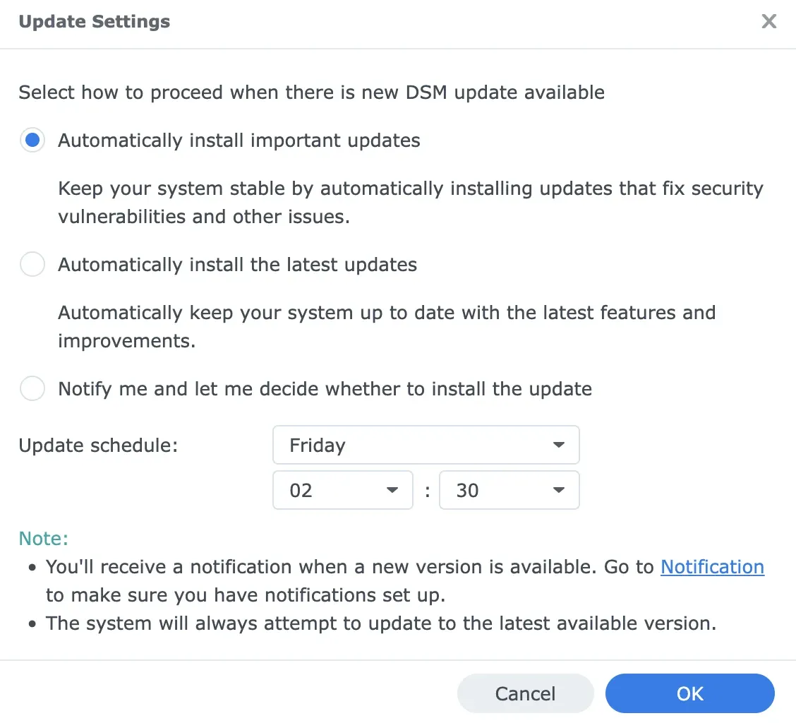 Synology DSM Update Settings — important updates, Friday 02