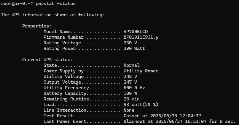 UPS monitoring dashboard showing power statistics